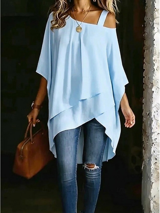 Women's T Shirt Tee Top Asymmetrical Hem Stylish Casual Short Sleeve Batwing Sleeve One Shoulder Long Tops Daily Going out Vacation Wear White Black Navy Blue Light Blue Summer Spring