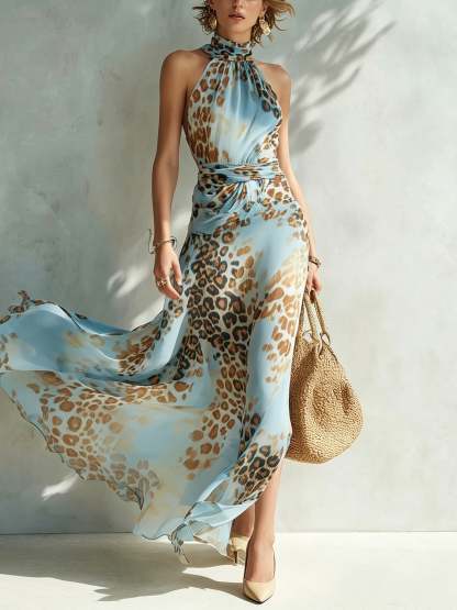 Blue Leopard Print Chiffon Maxi Dress