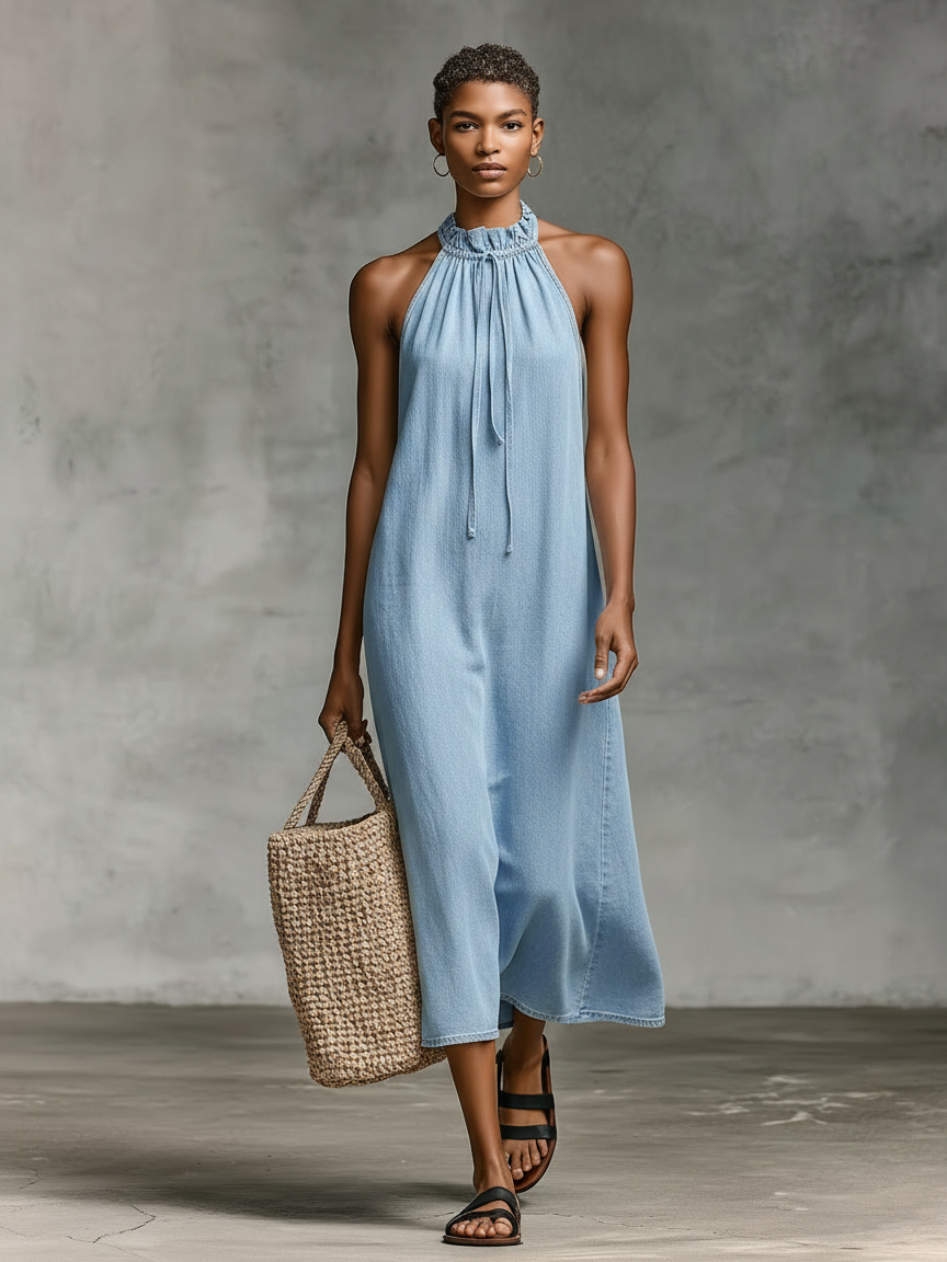 Women's Minimalist Loose-Fit Washed Denim Sleeveless Midi Dress MDZ1570E2Y