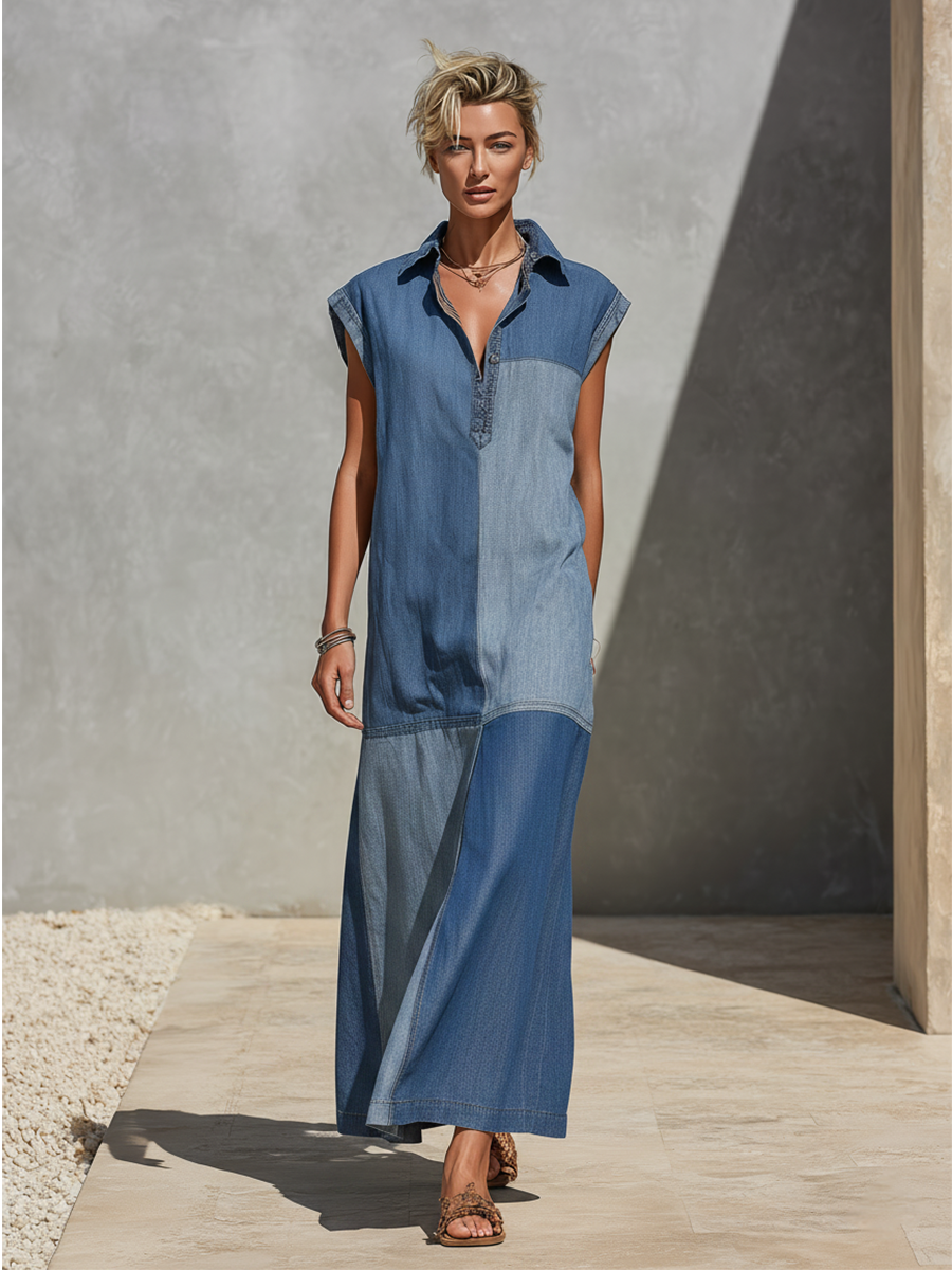 Women’s Blue Color-Block Faux Denim Maxi Shirt Dress With Sleeveless Design