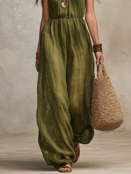 Bohemian Pleated Resort Olive Green Linen Wide-Leg Jumpsuit
