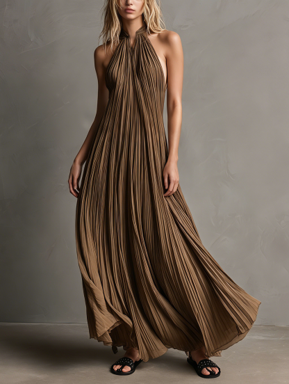 Women's Casual Brown Sleeveless Pleated Chiffon Maxi Dress