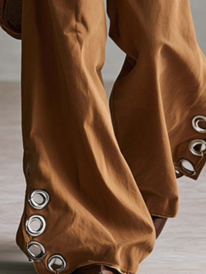 Versatile Retro Style With Metal Eyelets Caramel-colored Wide-leg Trousers