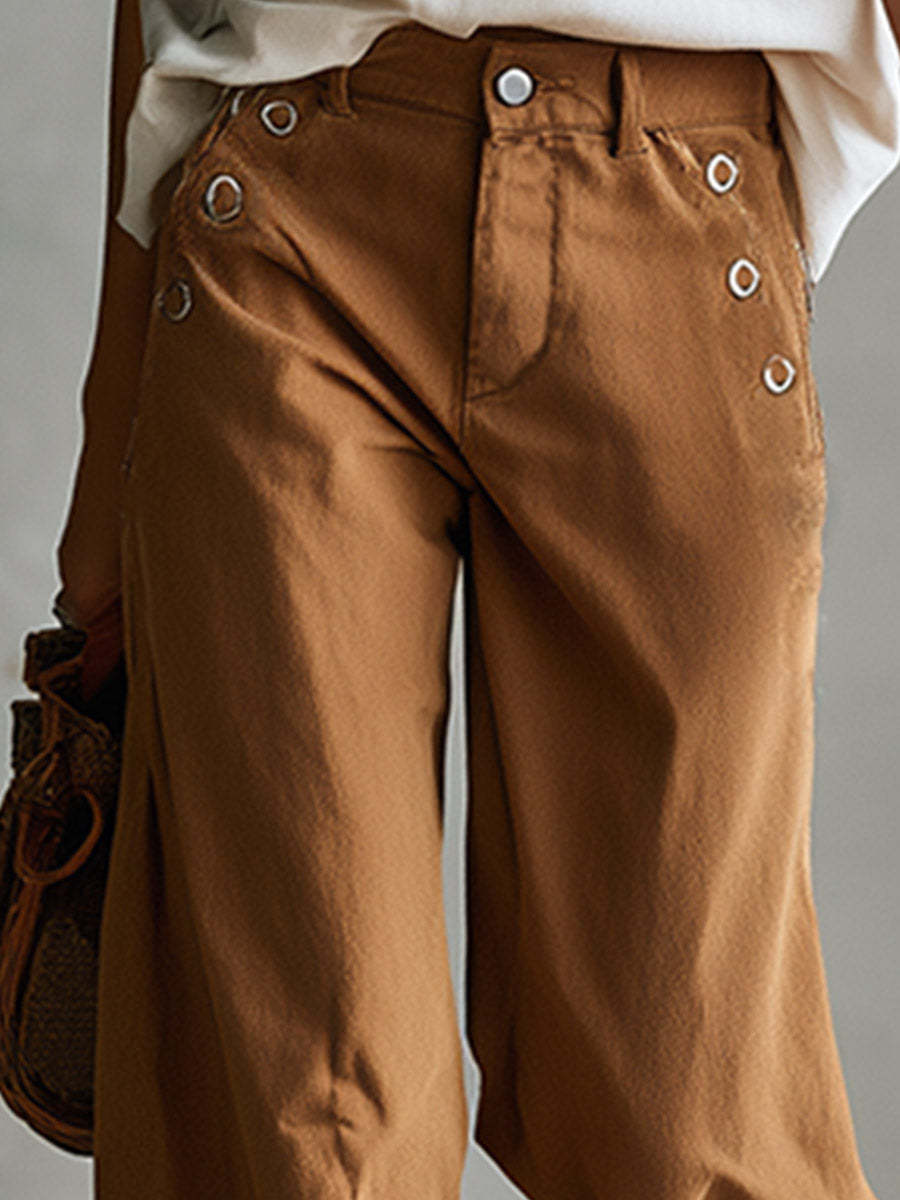 Versatile Retro Style With Metal Eyelets Caramel-colored Wide-leg Trousers
