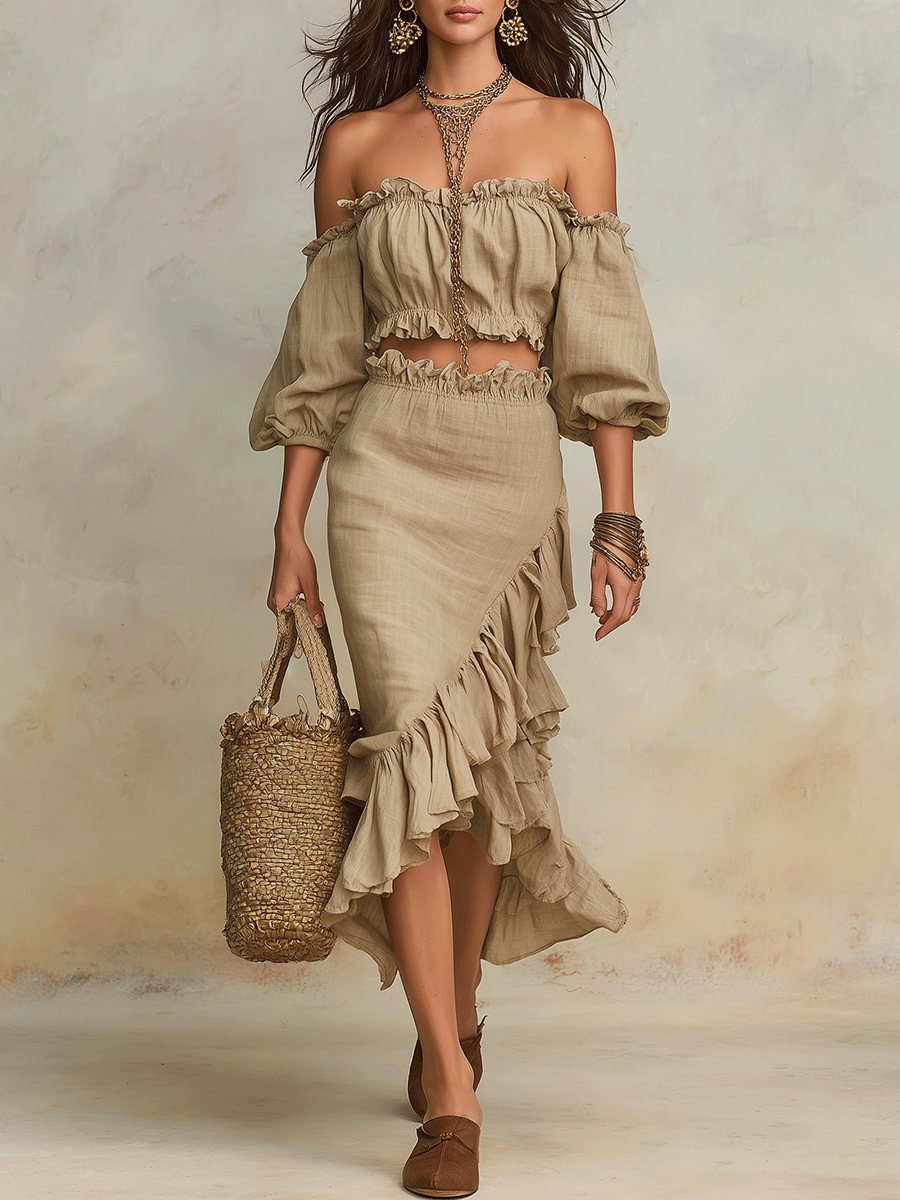 Elegant Vacation Natural Linen Boho Co-Ord Set