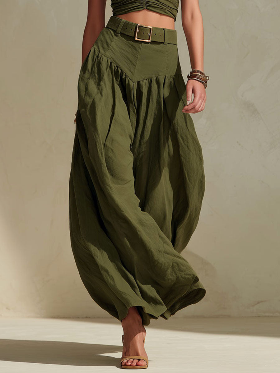 Boho Olive Green Ruched Top & High-Waisted Wide Leg Pants Two-Piece Set  [Belt not included]