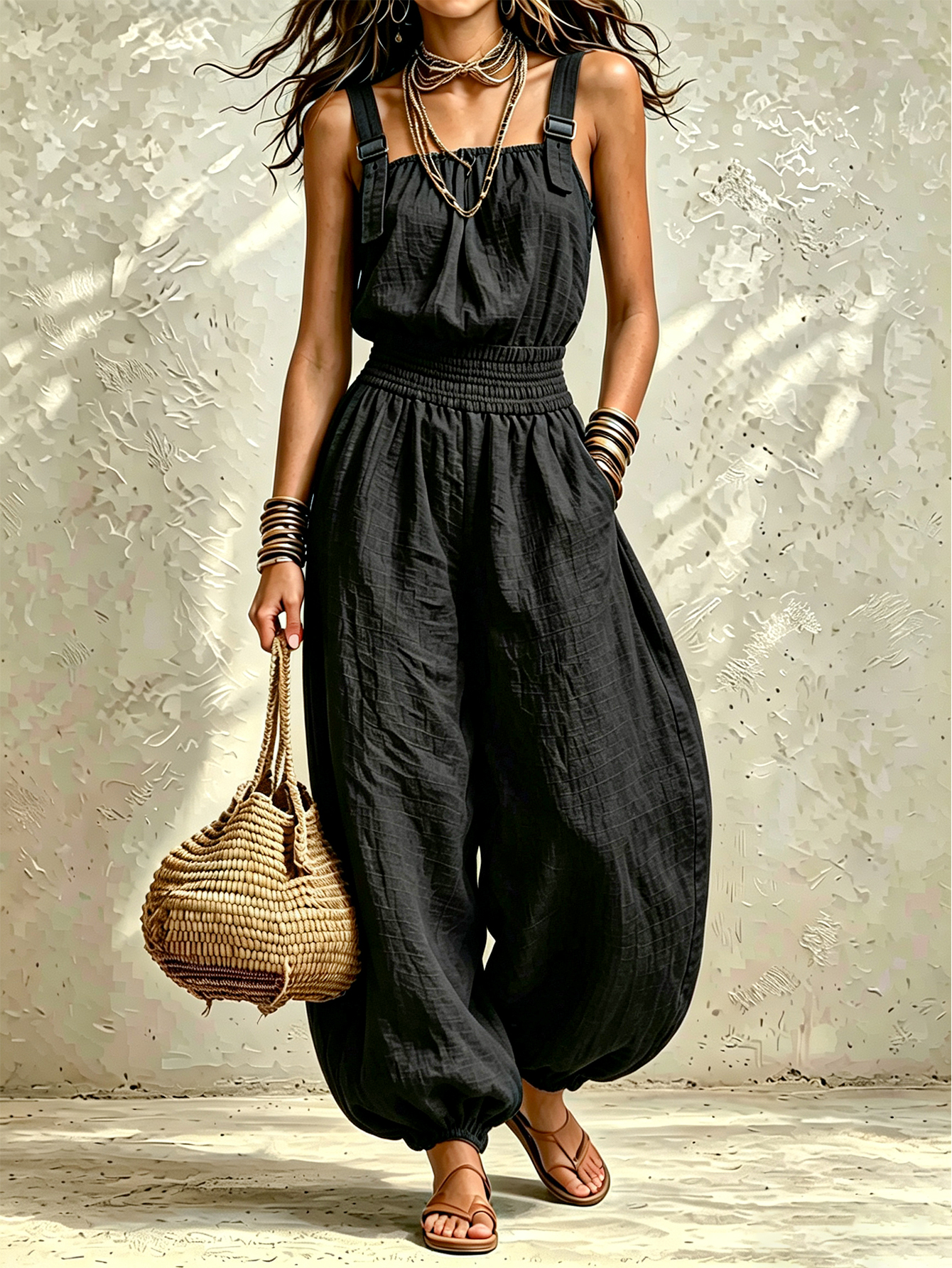 Women’s Linen Cotton Jumpsuit, Sleeveless Harem Pants Romper, Casual  One-Piece Outfit