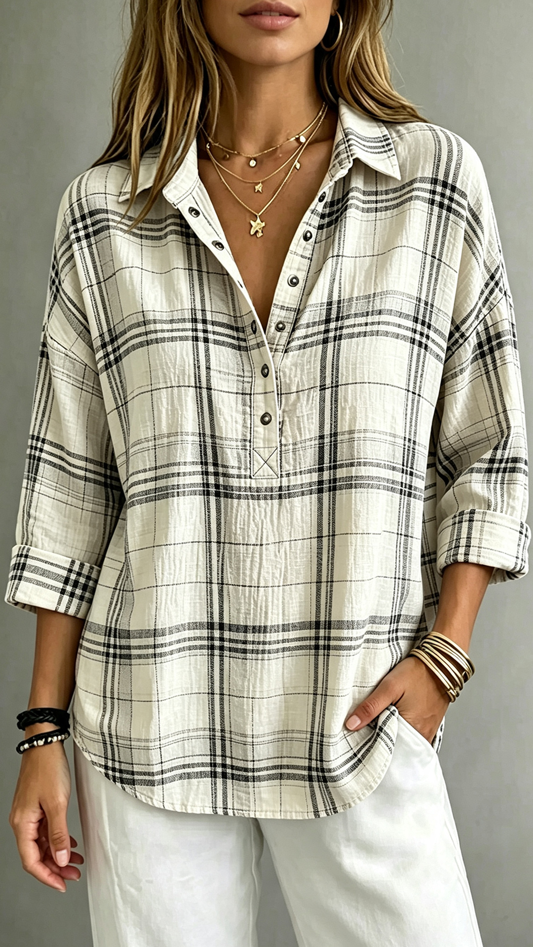 Women's Plaid Henley Polo Shirt Casual Oversized Drop Shoulder Long Sleeve Blouse