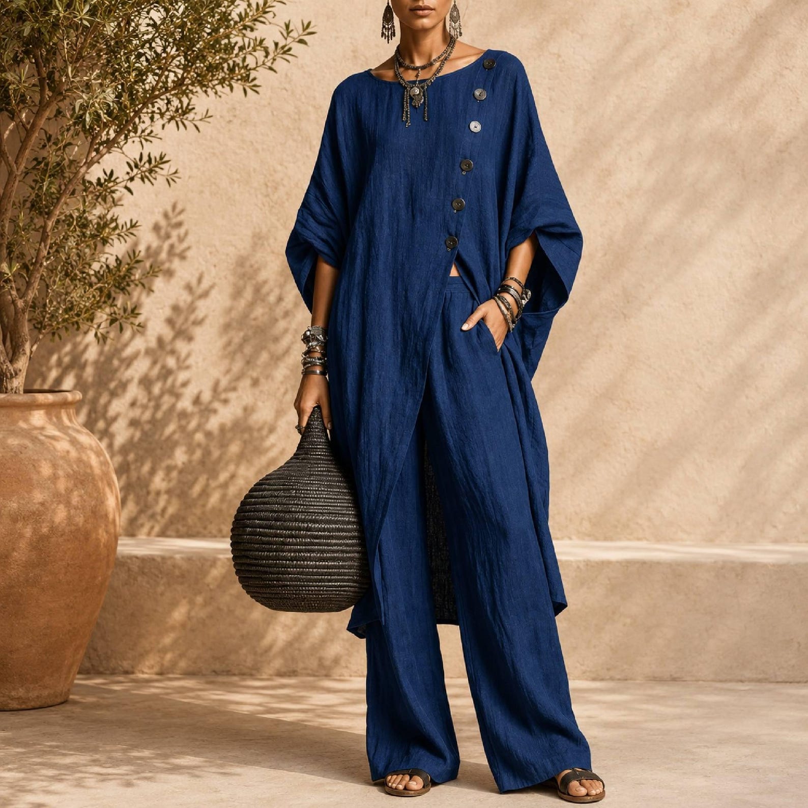 Linen Blend Asymmetrical Button Tunic & Wide Leg Pants Set