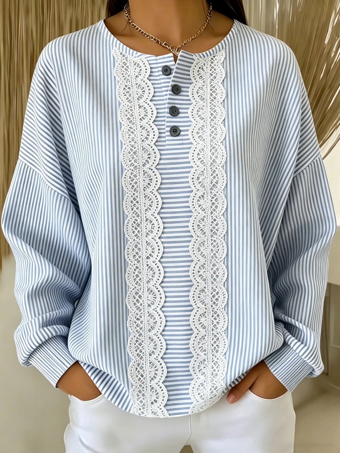 Women's Lace Trim Striped Crewneck Sweatshirt Loose Fit Casual Pullover