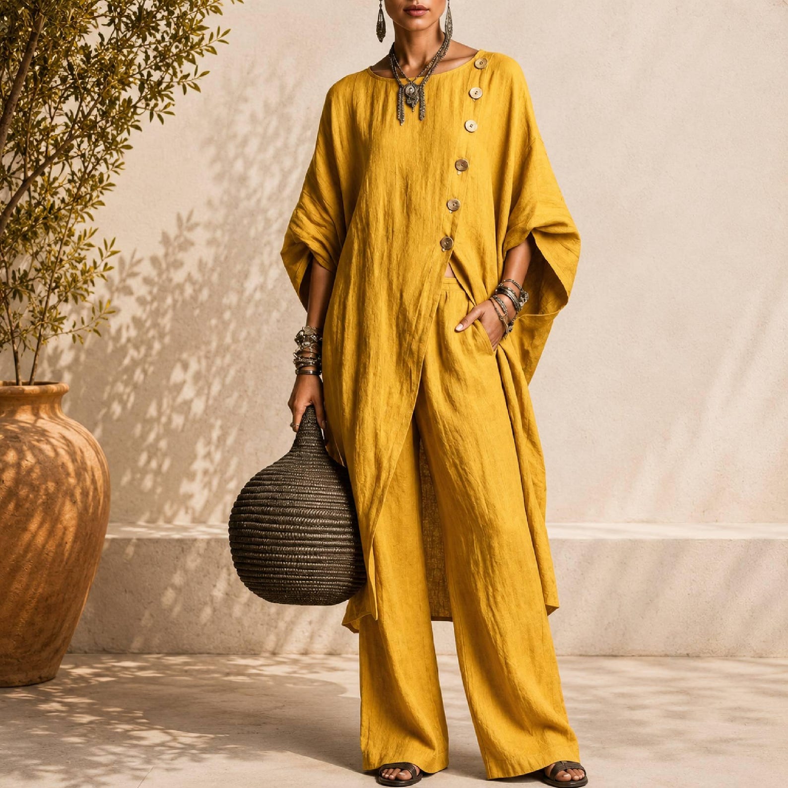 Linen Blend Asymmetrical Button Tunic & Wide Leg Pants Set