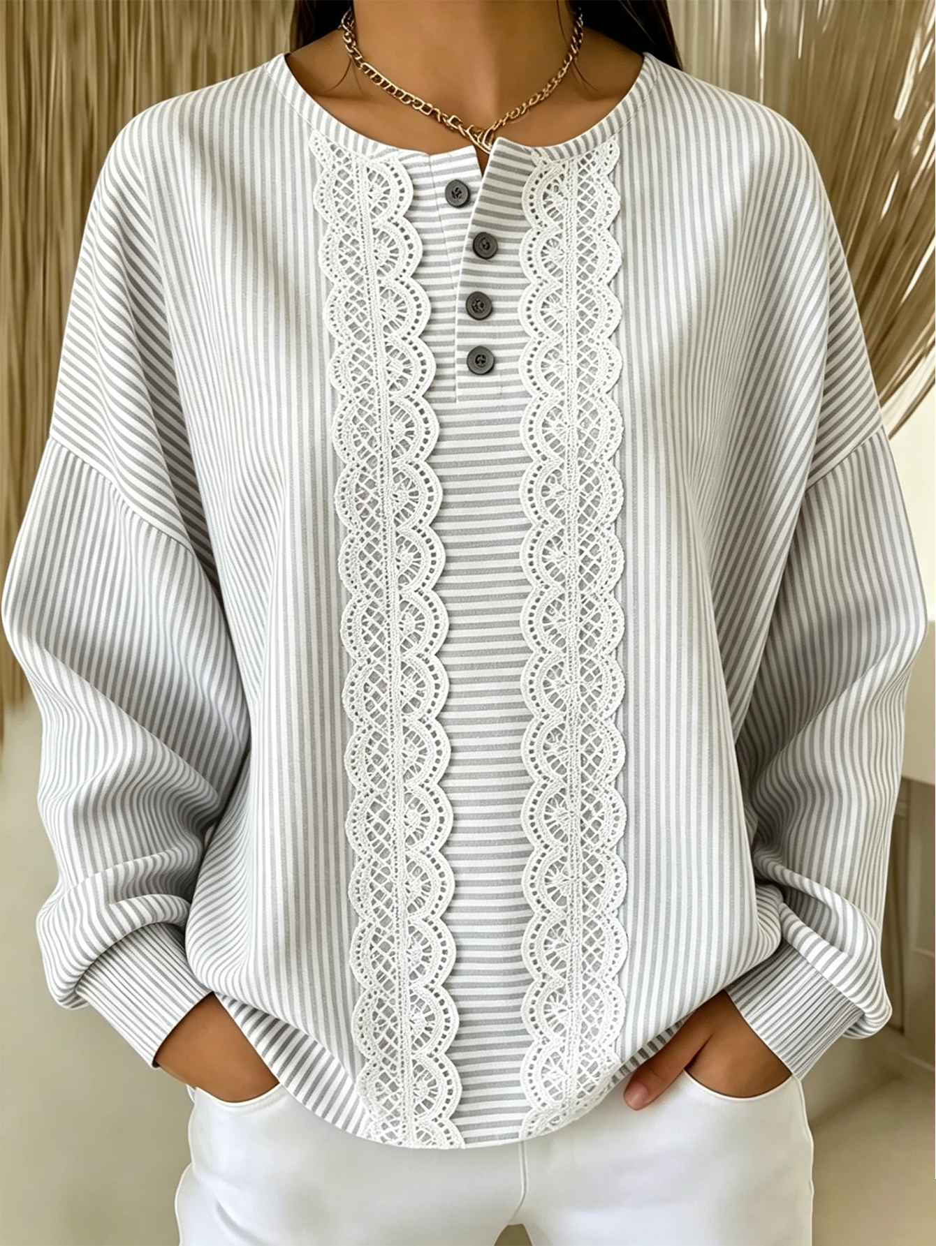 Women's Lace Trim Striped Crewneck Sweatshirt Loose Fit Casual Pullover