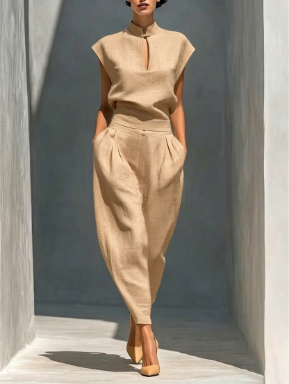 Linen Blend Mandarin Collar Two-Piece Set – Sleeveless Top & High-Waist Tapered Pants