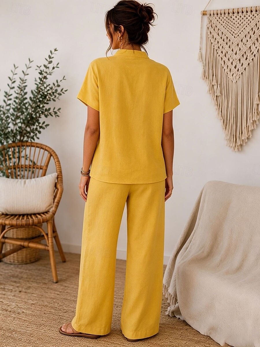 Women's Linen Blend Henley Short Sleeve Top & Wide Leg Pants 2-Piece Set