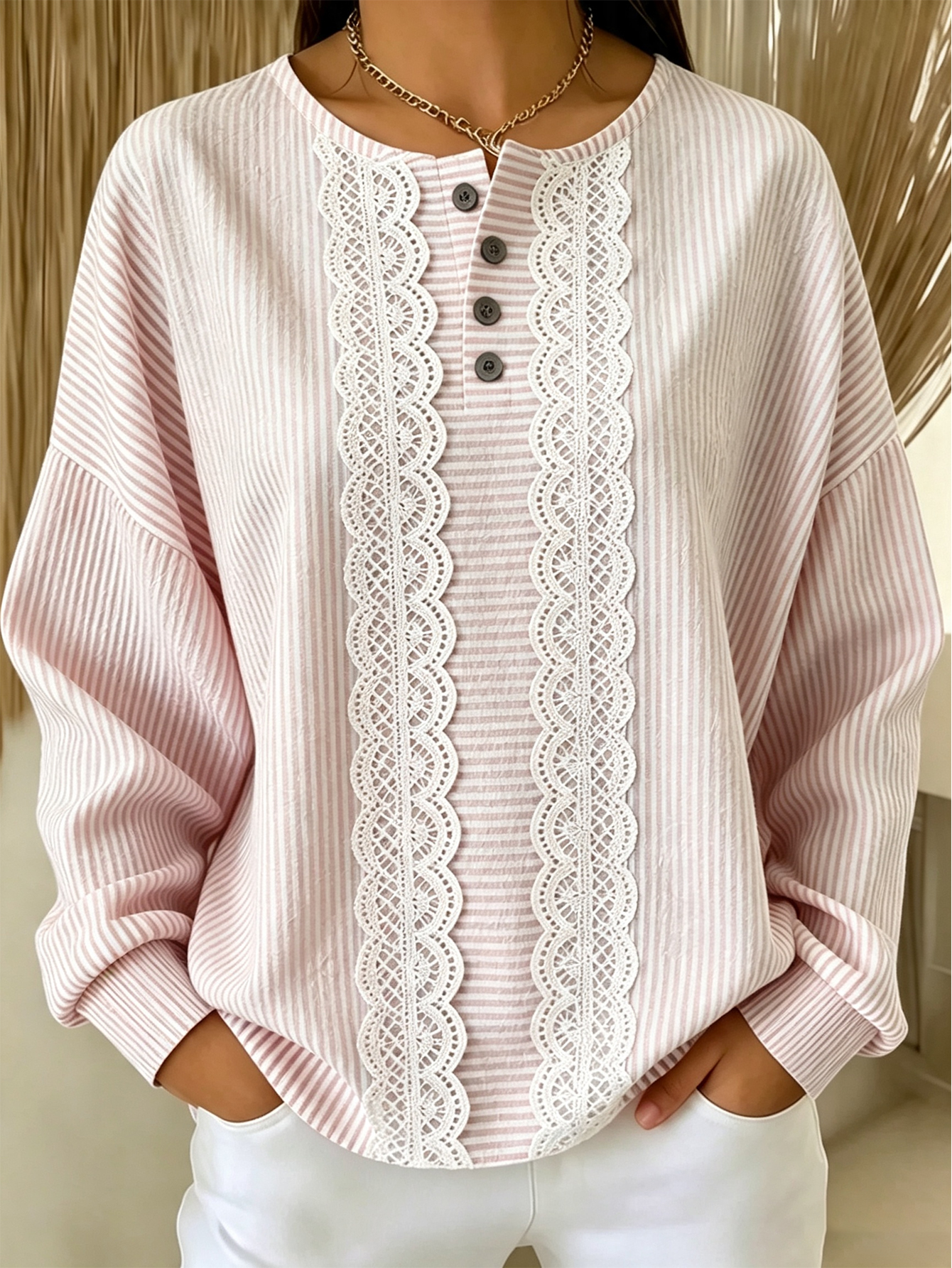 Women's Lace Trim Striped Crewneck Sweatshirt Loose Fit Casual Pullover