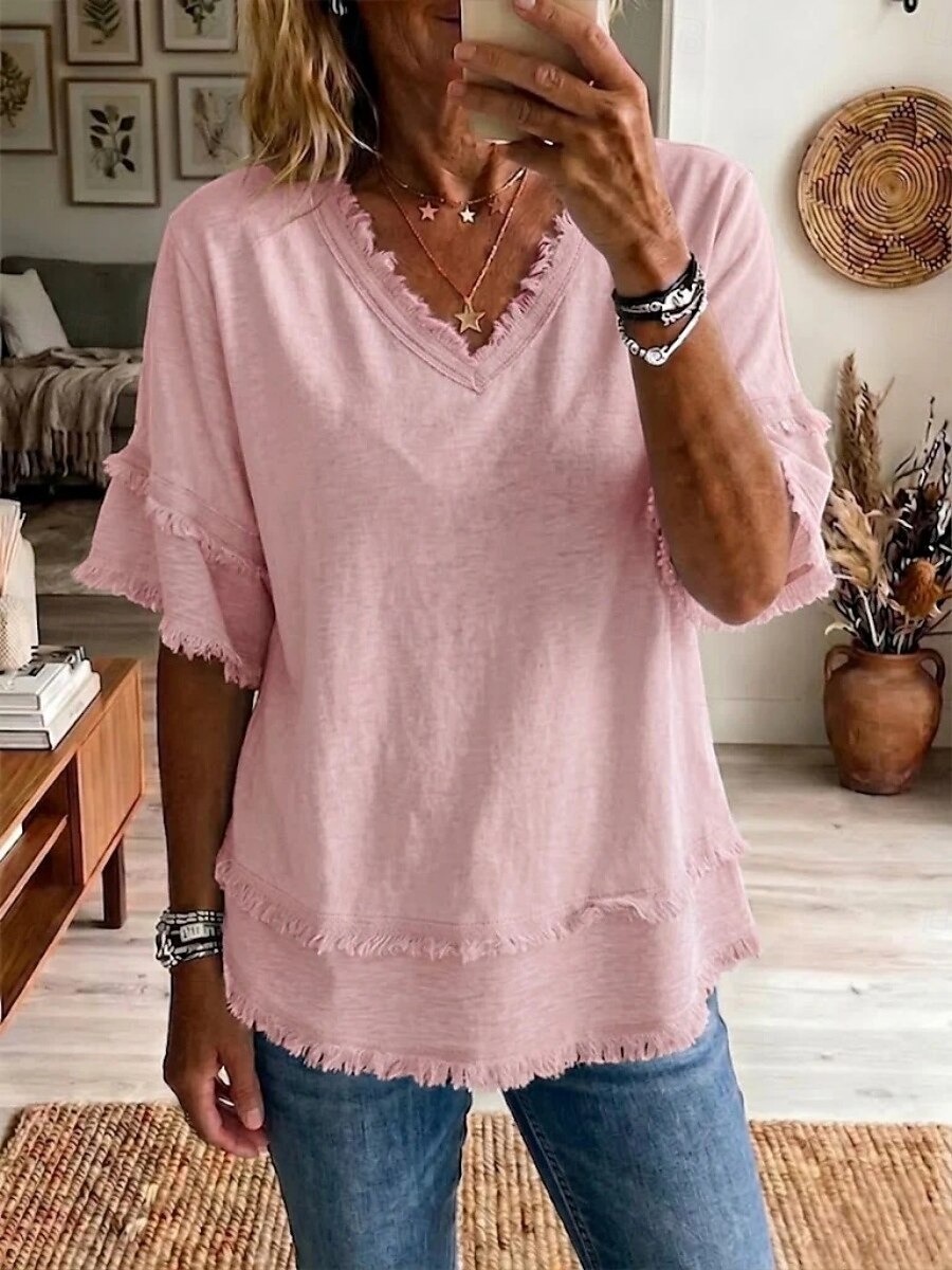 Women's Linen Blend V-Neck Fringe Trim Loose Fit Short Sleeve Top