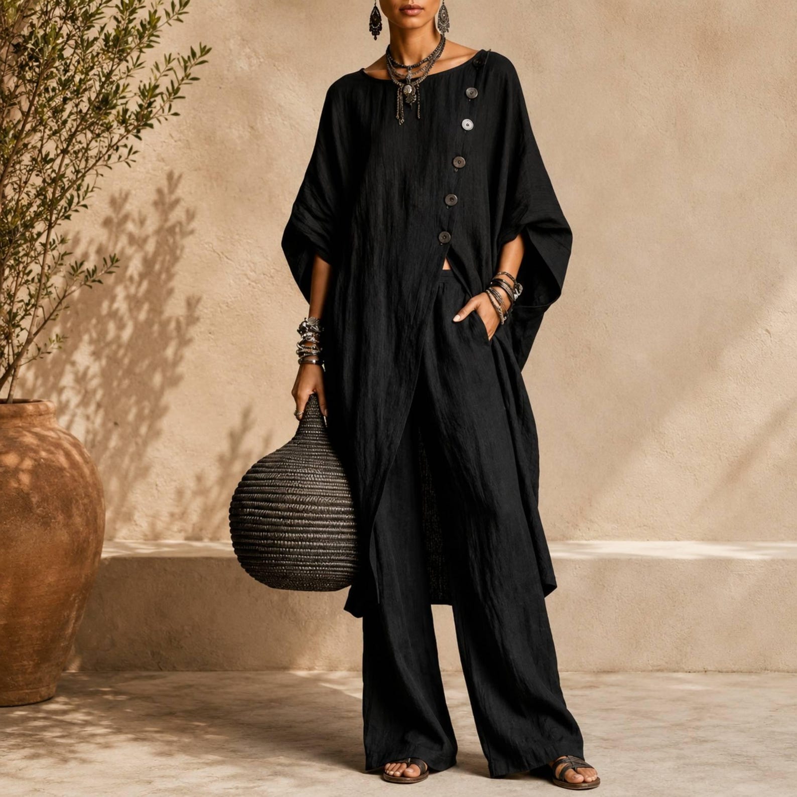 Linen Blend Asymmetrical Button Tunic & Wide Leg Pants Set
