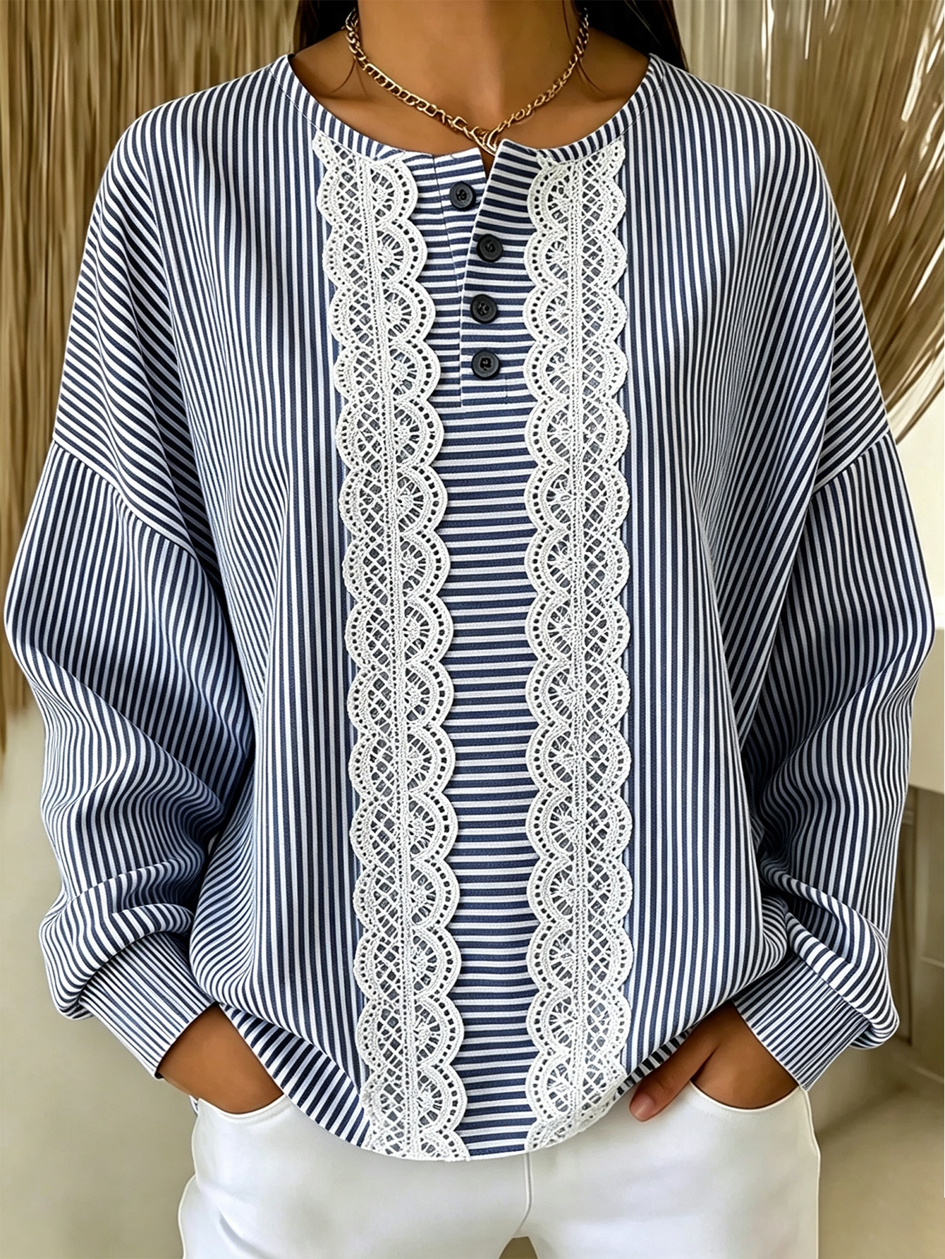 Women's Lace Trim Striped Crewneck Sweatshirt Loose Fit Casual Pullover