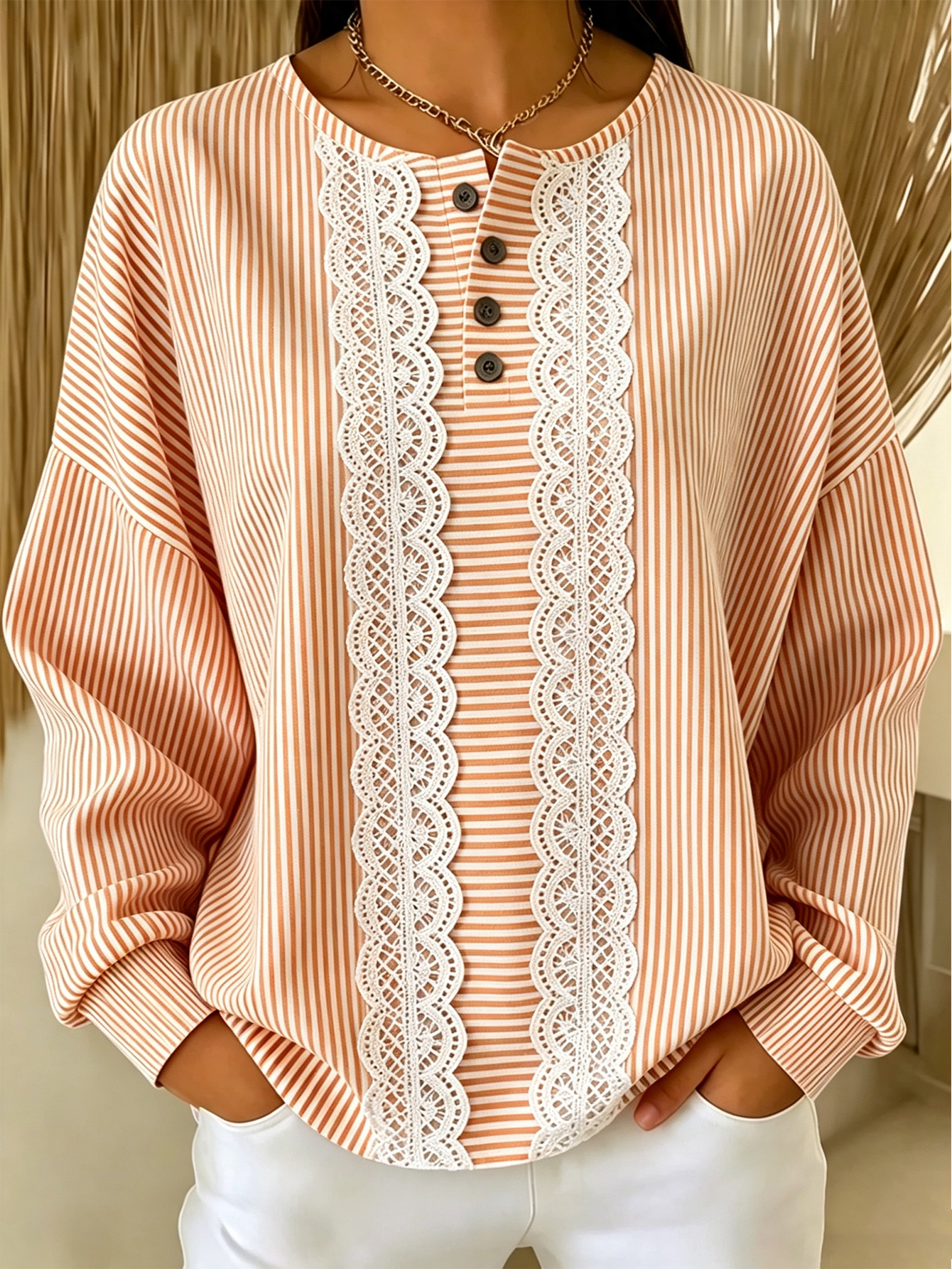 Women's Lace Trim Striped Crewneck Sweatshirt Loose Fit Casual Pullover