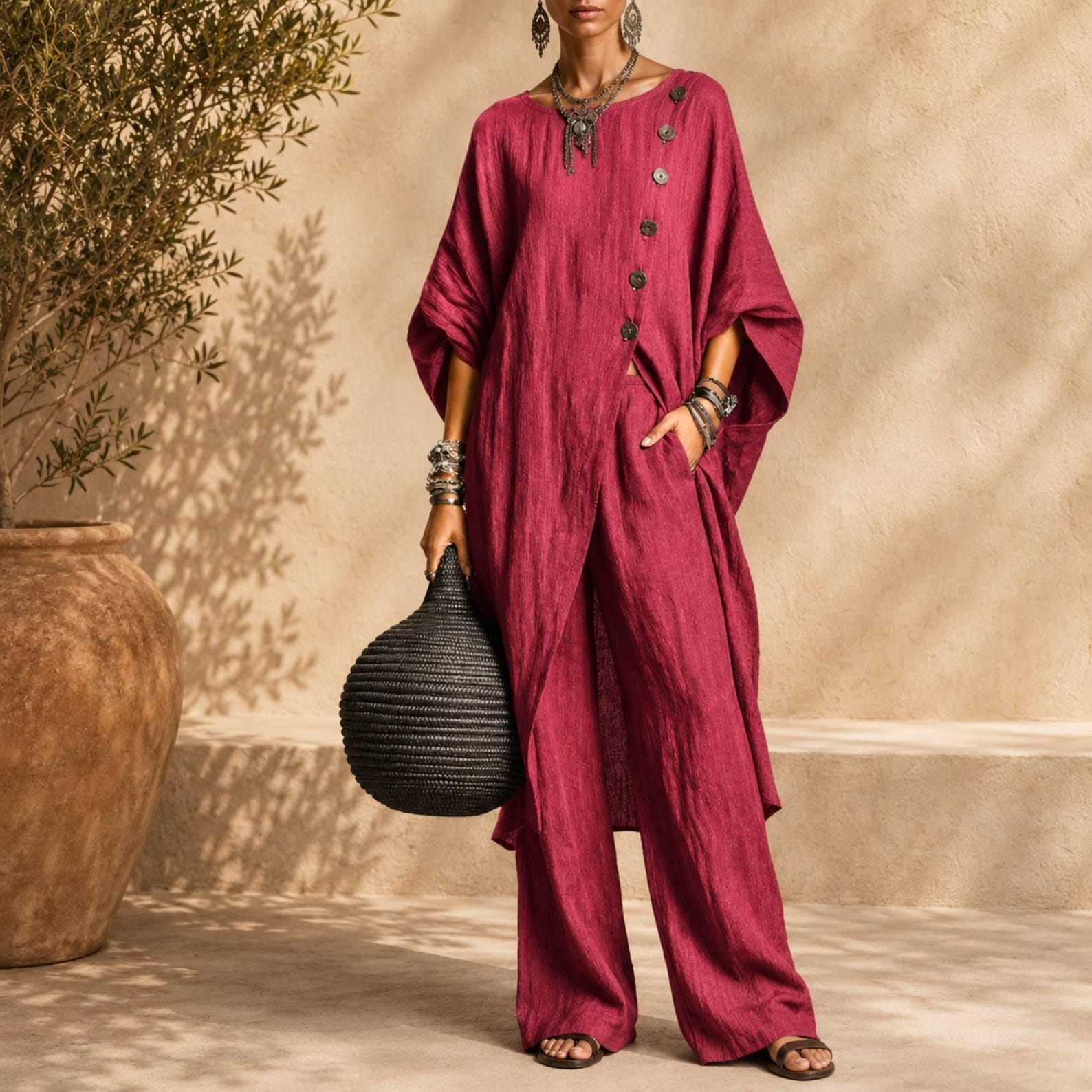 Linen Blend Asymmetrical Button Tunic & Wide Leg Pants Set
