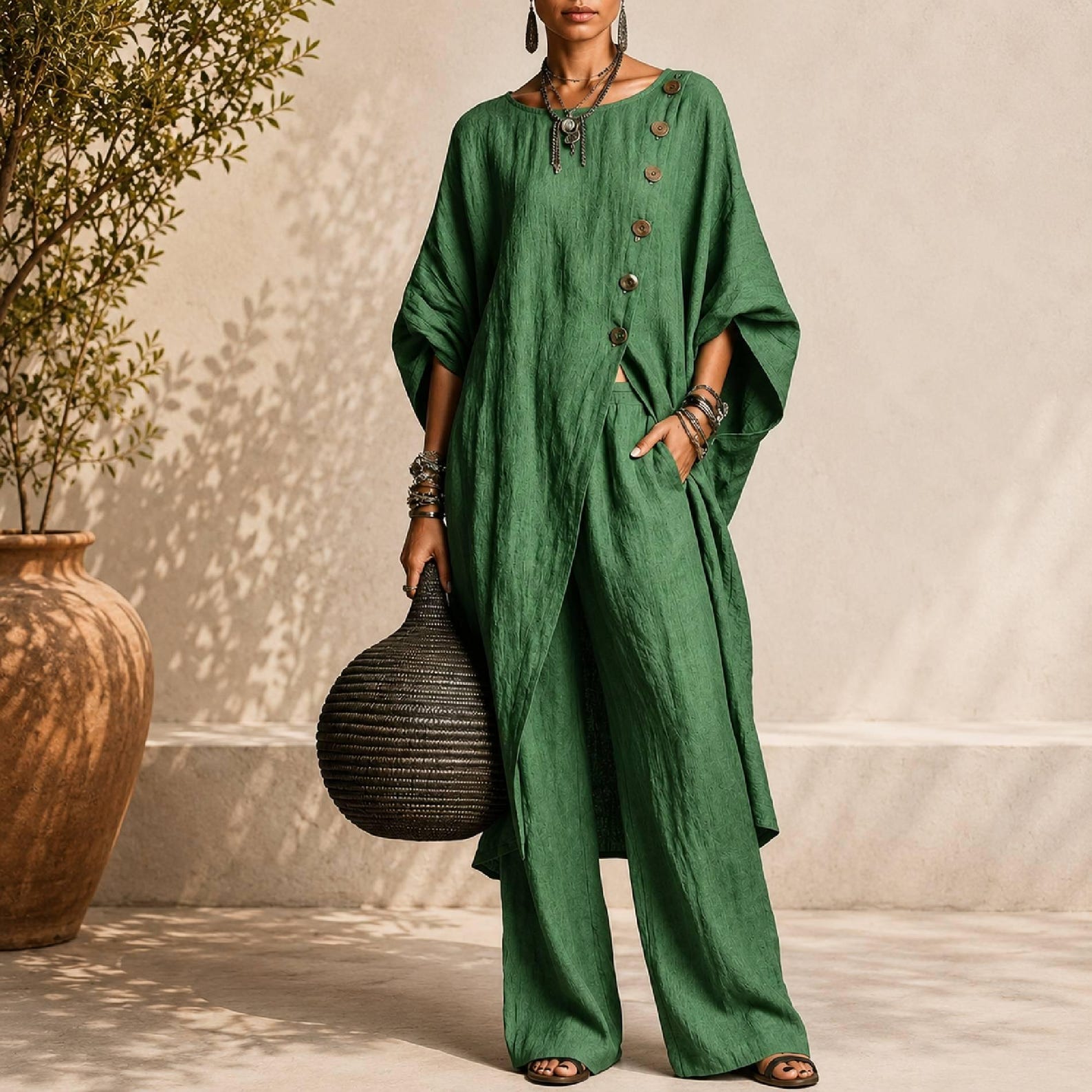 Linen Blend Asymmetrical Button Tunic & Wide Leg Pants Set
