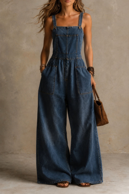 Women Vintage Denim Wide-Leg Jumpsuit