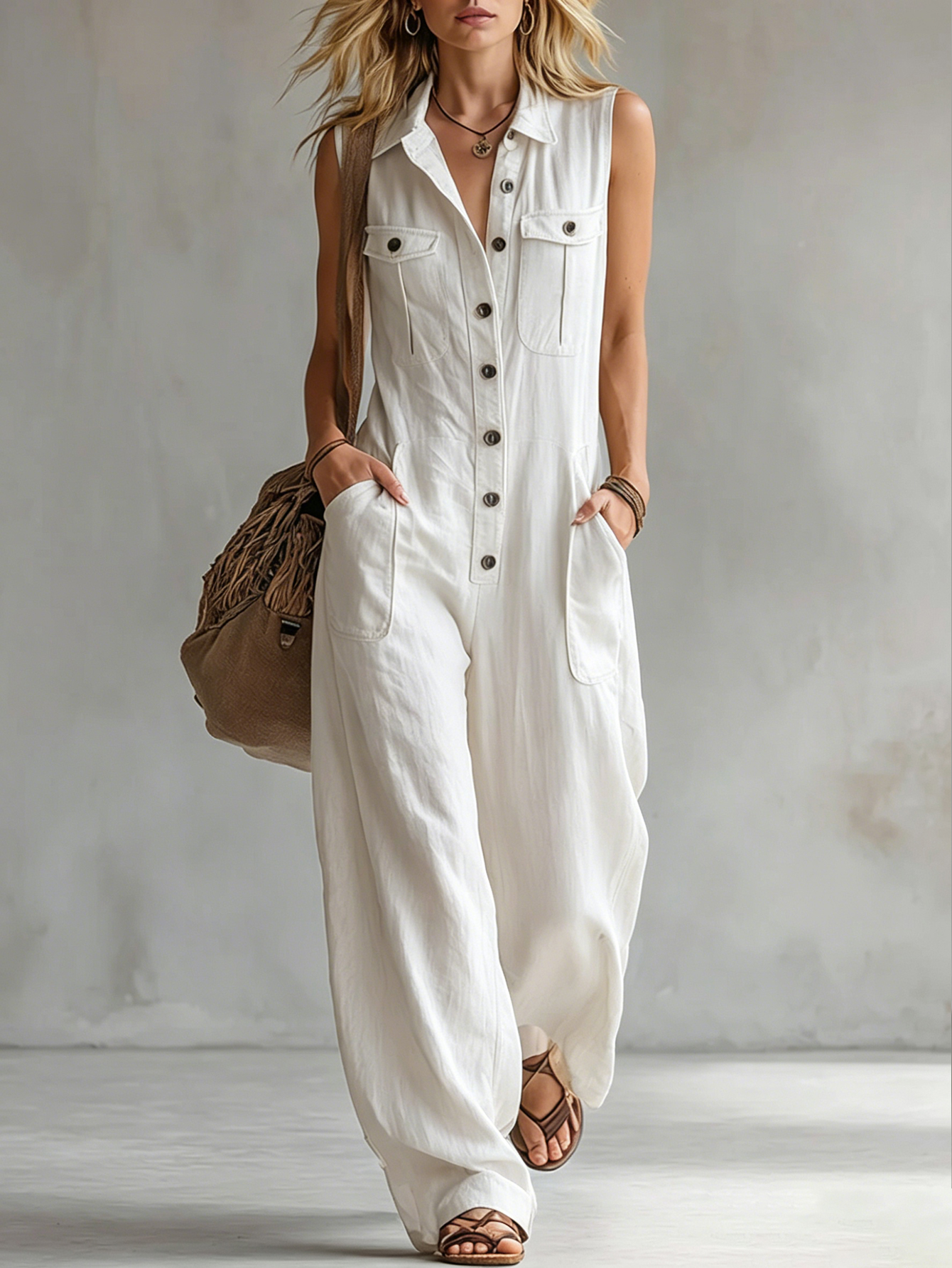Vintage-style Casual Khaki Cotton Utility-style Sleeveless Jumpsuit