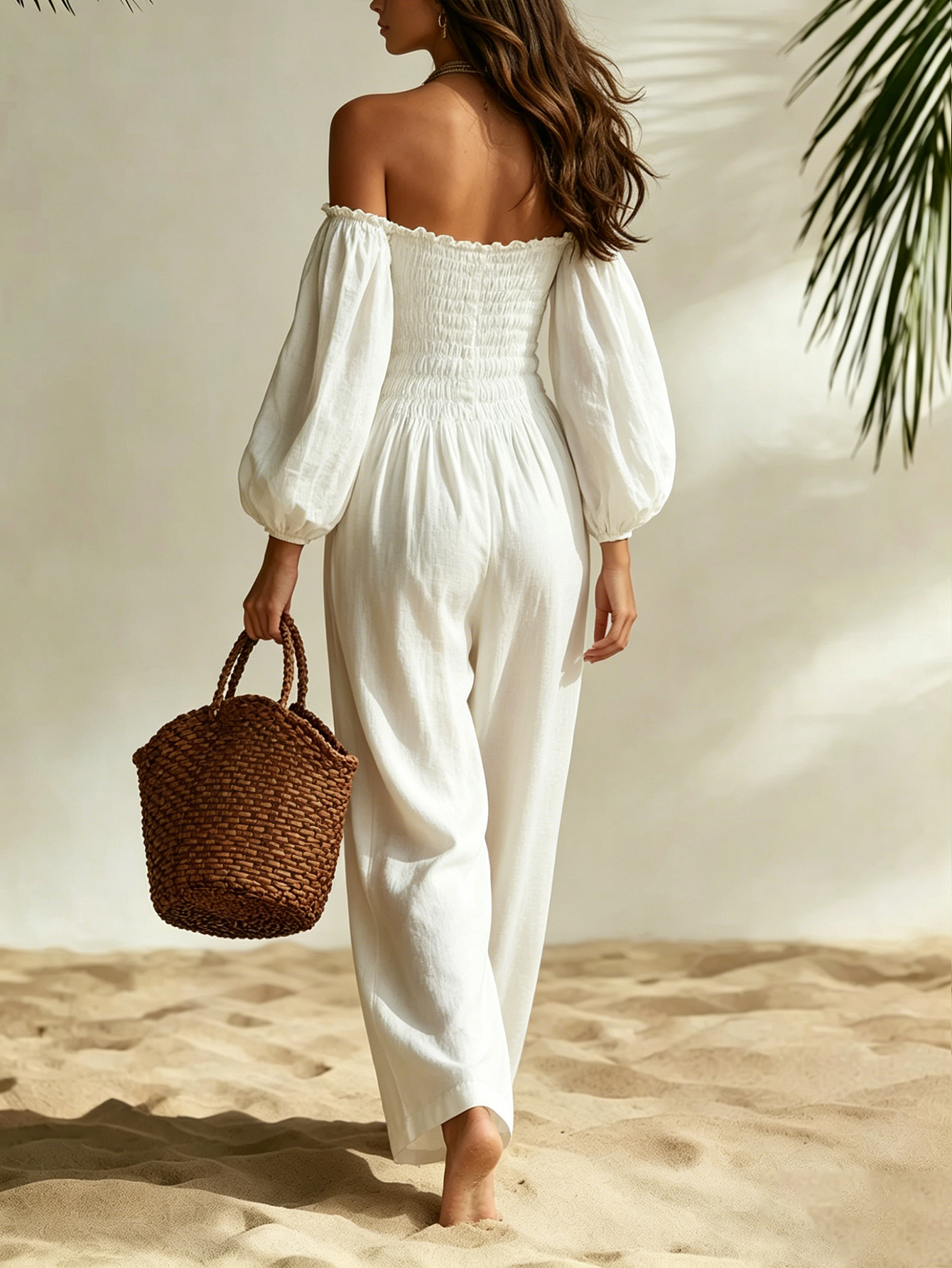 Vacation-style off-shoulder puff-sleeve jumpsuit