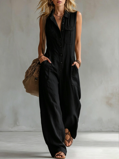 Vintage-style Casual Khaki Cotton Utility-style Sleeveless Jumpsuit