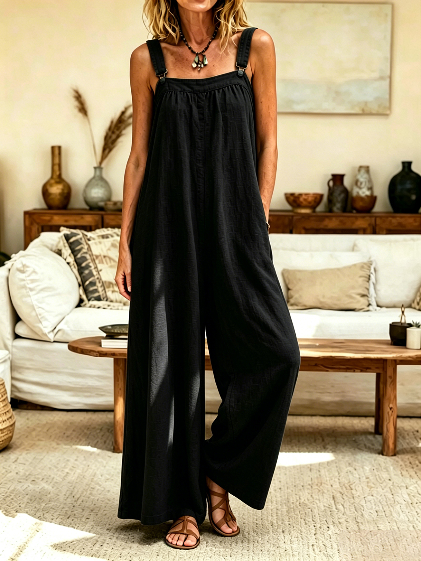 Women's Linen Blend Wide Leg Overall Jumpsuit with Adjustable Straps