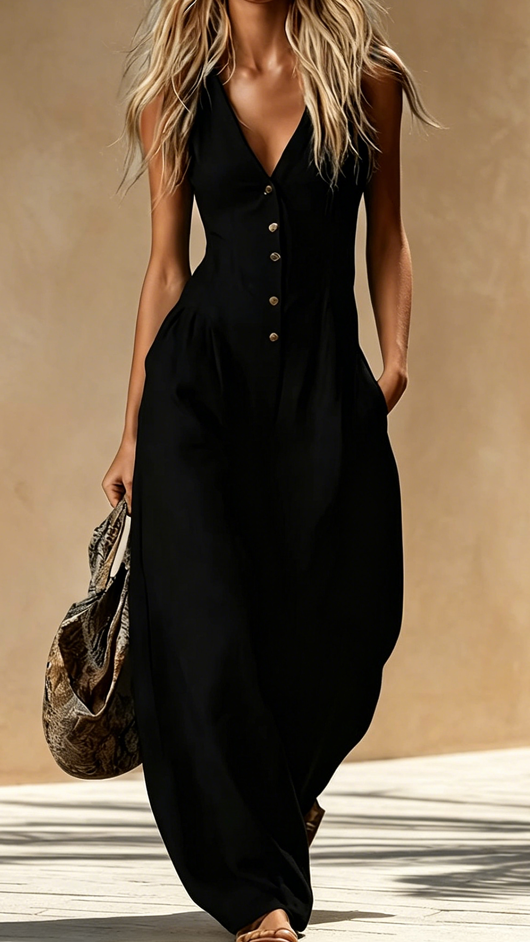 Women's Cotton-Blend V-Neck Sleeveless Wide-Leg Jumpsuit