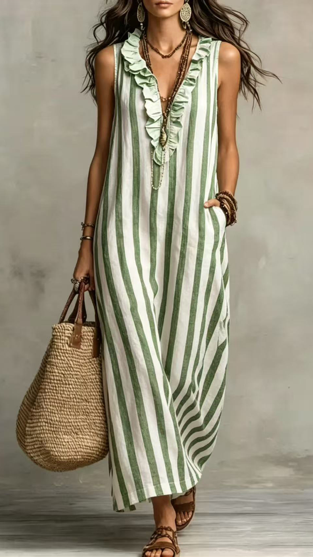 Women's Cotton-Blend Striped Sleeveless Maxi Dress