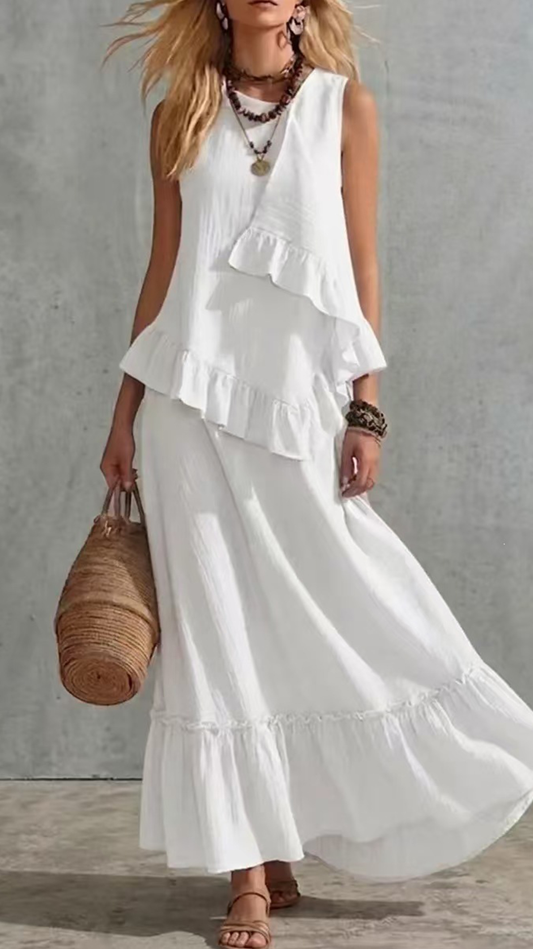 Women's Cotton-Blend Ruffled Sleeveless Maxi Dress
