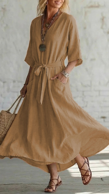 Women's Cotton-Blend V-Neck Waisted Midi Dress