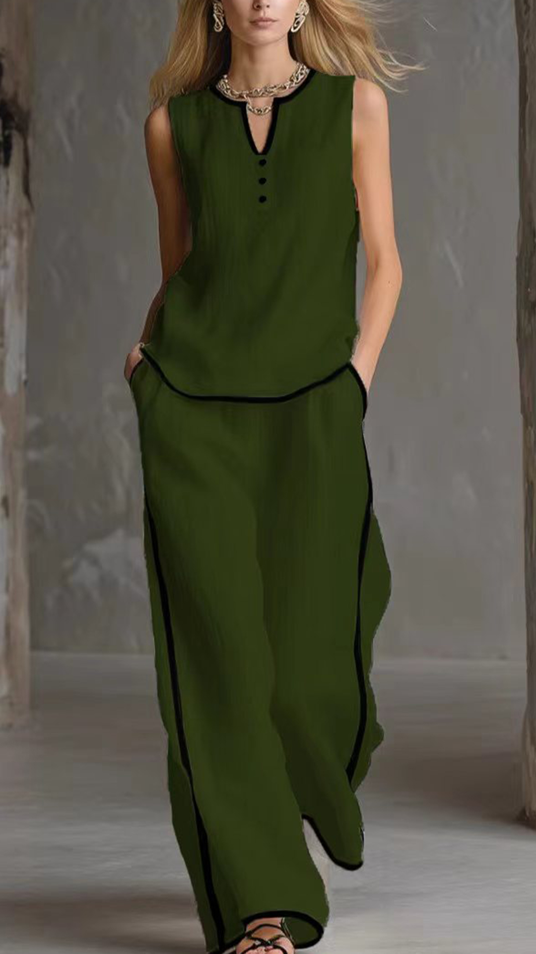 Women's Cotton-Blend Textured Sleeveless Top and Wide-Leg Pants Set