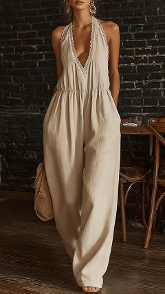 Women's Linen-Cotton Lace Halter Wide-Leg Jumpsuit