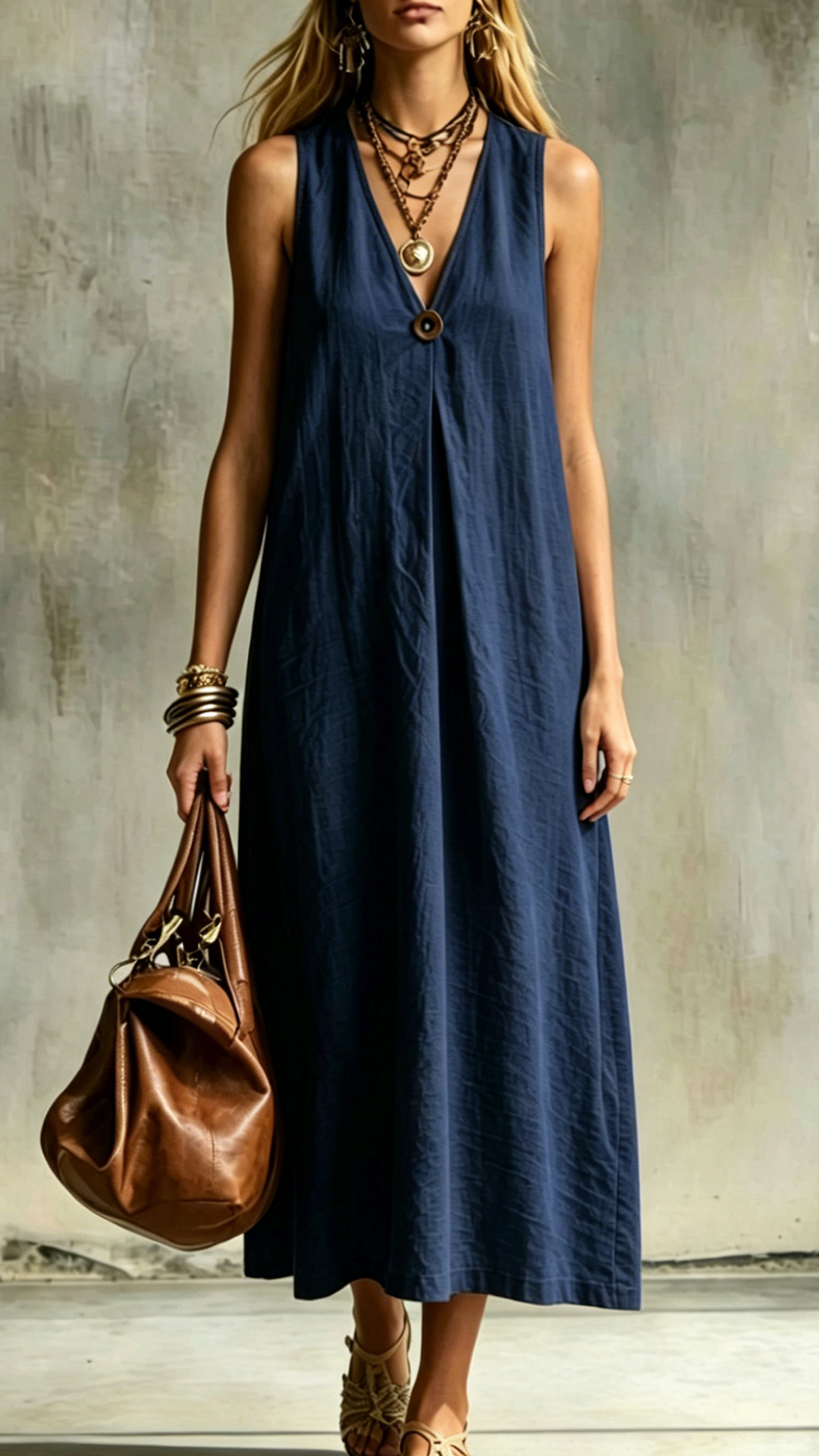 Women's Cotton-Blend V-Neck Loose Sleeveless Dress
