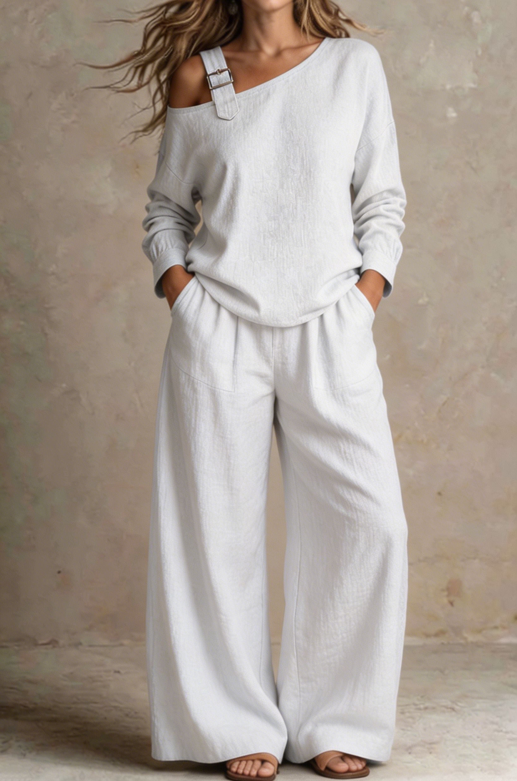 Women Chic One-Shoulder Linen-Blend Two-Piece Set