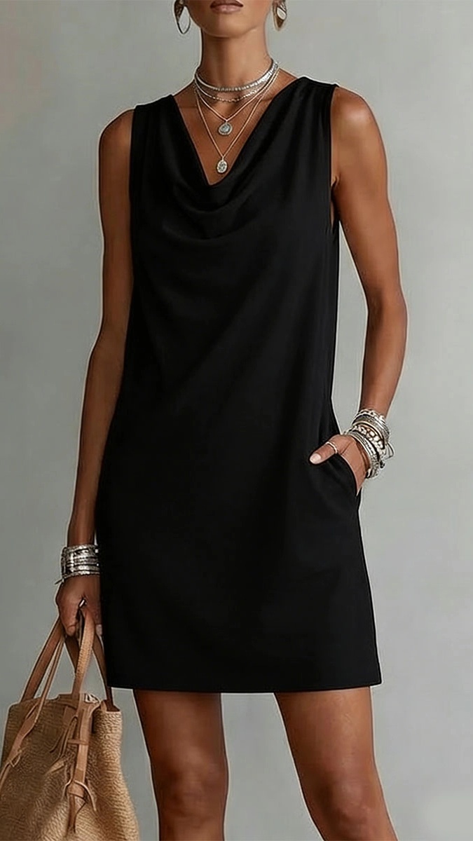 Women's Sleeveless Cotton Dress with Draped Neckline