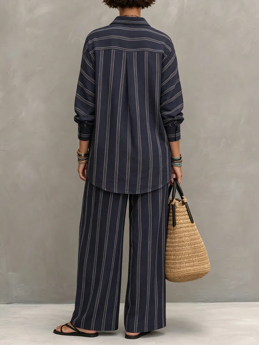 Women's Casual Striped Cotton-linen Set