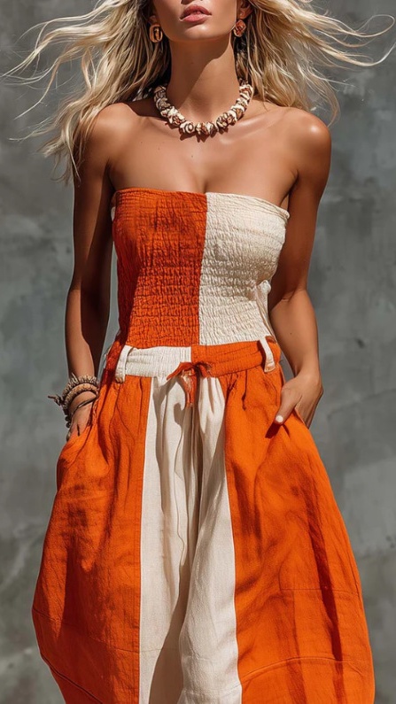 Women's strapless orange and off-white contrasting cotton-linen jumpsuit