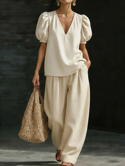 Women's Puff-sleeve V-neck Short-sleeve Casual Set