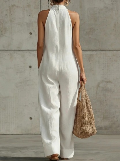 Linen Blend Halter Neck Wide Leg Jumpsuit – V Neck Backless Loose Fit Romper