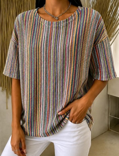 Women's Multicolor Vertical Stripe Crew Neck Short Sleeve T-Shirt