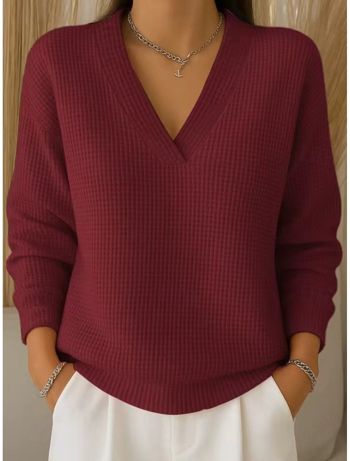 Women's Waffle  V-Neck Long Sleeve Pullover Casual Loose  Top