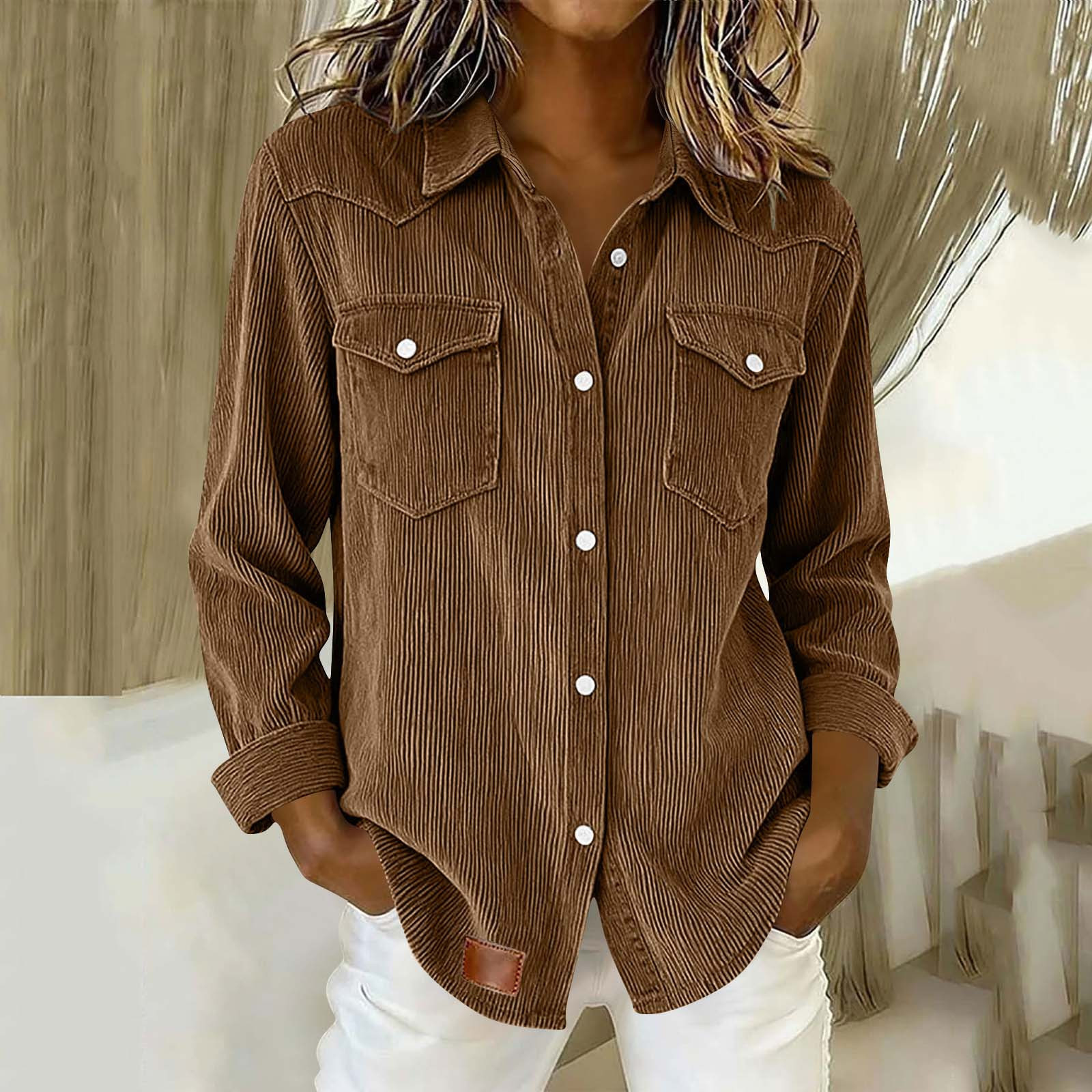 Women's Oversized Corduroy Button-Up Shirt with Flap Pockets Long Sleeve Casual Blouse