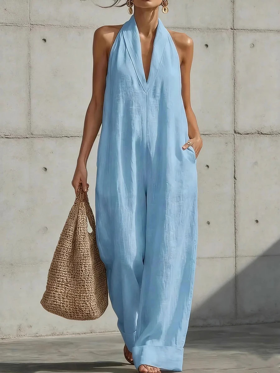 Linen Blend Halter Neck Wide Leg Jumpsuit – V Neck Backless Loose Fit Romper