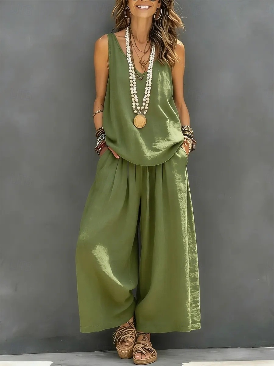 Loose Sleeveless V-Neck Linen Two Piece Outfit, High Waist Pleated Wide Leg Culottes