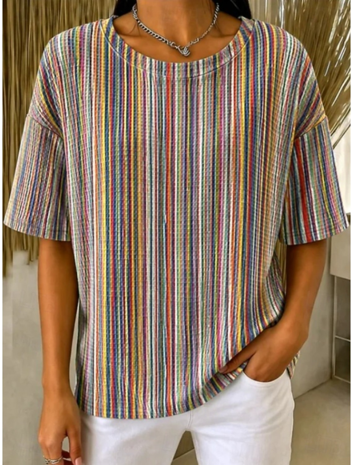 Women's Multicolor Vertical Stripe Crew Neck Short Sleeve T-Shirt