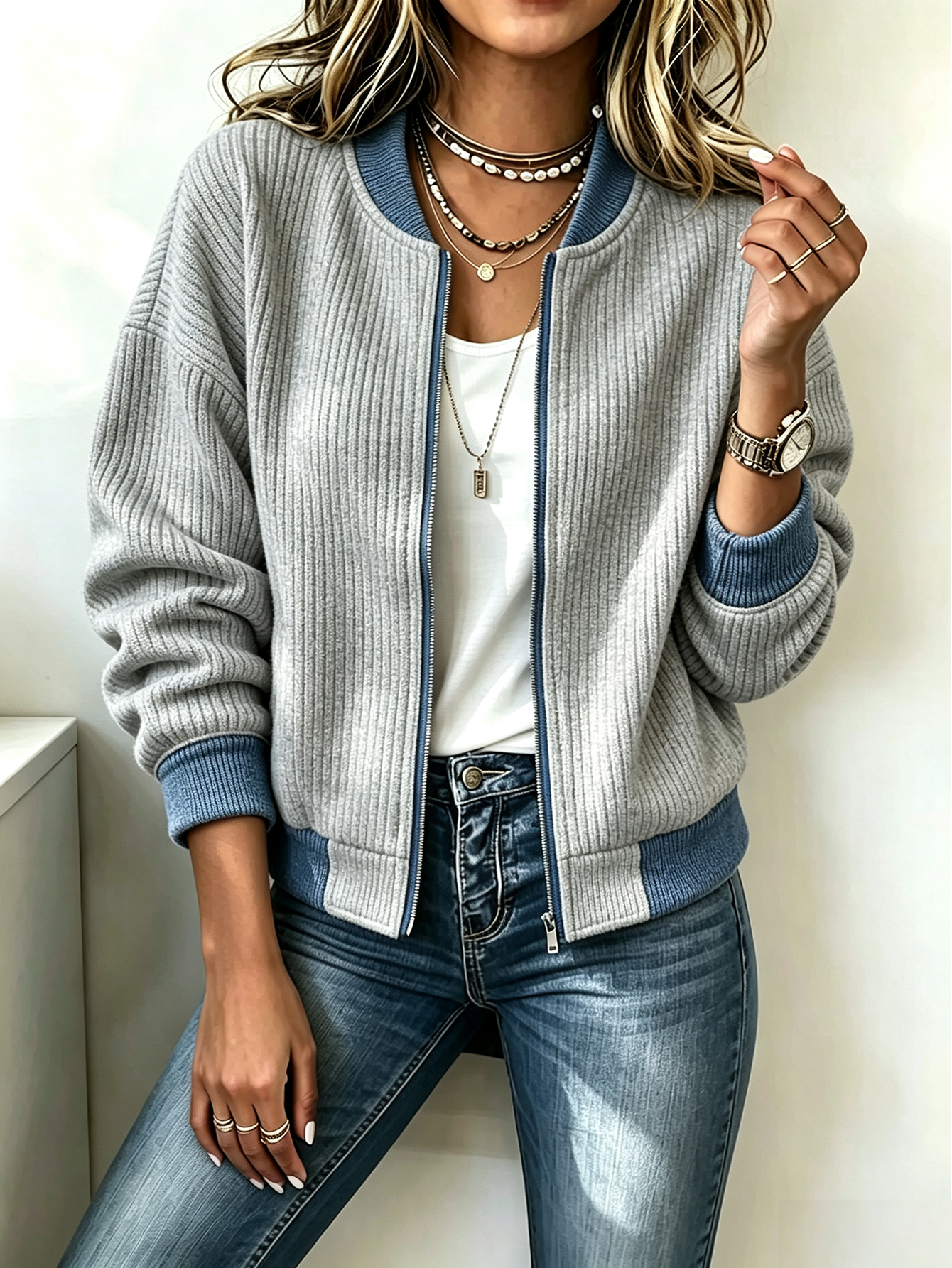 Women's Ribbed Knit Color Block Bomber Zip-Up Jacket